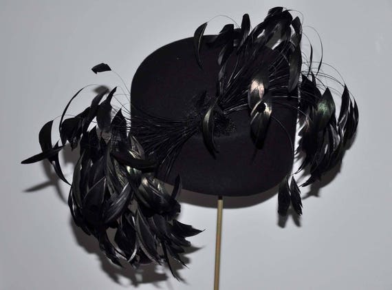 Vintage Black Wool Feather Hat, Vintage Feather H… - image 1