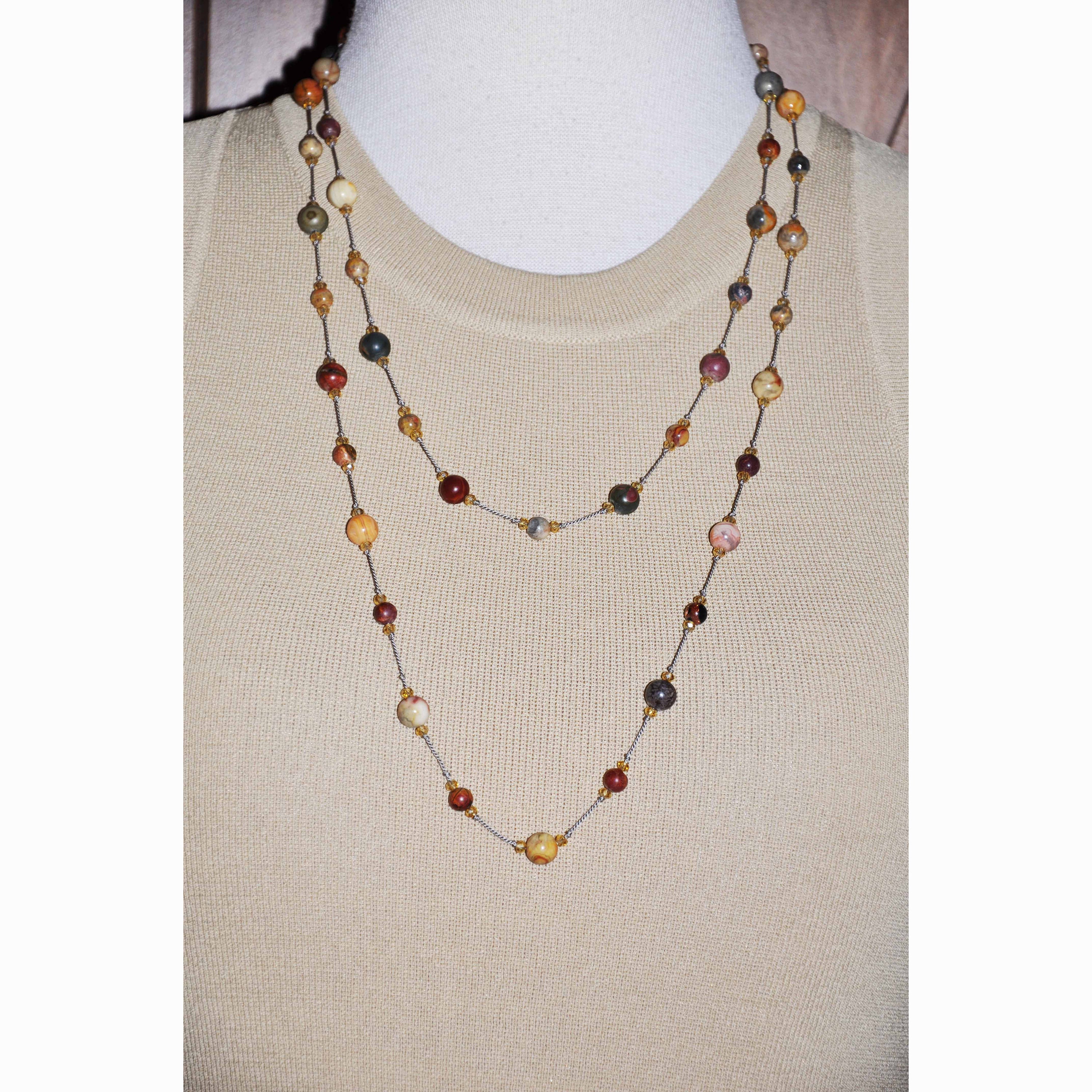 Knotted Bead Necklace, Birdseye Rhyolite Beads, Earthtone Knotted