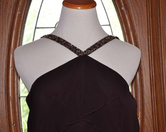 Daymor Couture Expresso Brown Silk Tiered Chiffon Beaded Dress, Size 14 Tiered Brown Dress, Flapper Style Dress, Expresso Tiered Party Dress