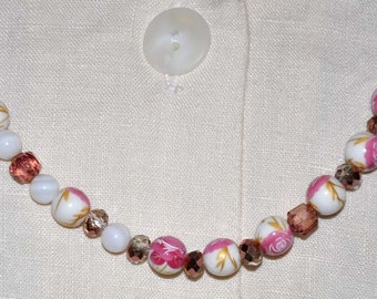 Pink and White Beads, White Flower Necklace, Silver Toggle Clasp, Pink Flower Beads, Floral Bead Necklace