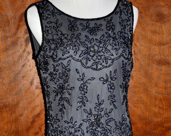 Pissaro Nights Gray & Black or Sapphire Sleeveless Sequin Beaded Gatsby Charleston Flapper Gown, Flapper Gatsby Beaded Maxi