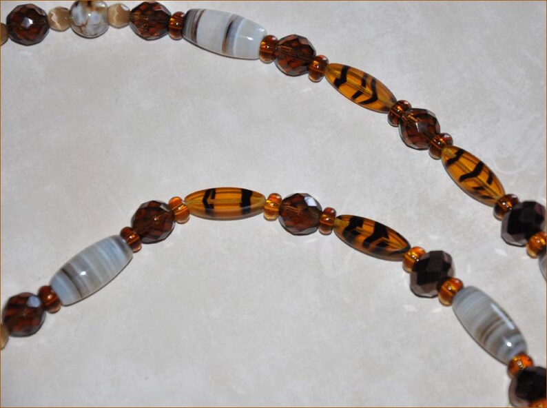 Tortoise Beads, White Bead Necklace, 58 Inch Necklace, Double Strand Beads, Amber Necklace, Extra Long Necklace, Flower Toggle Clasp image 1