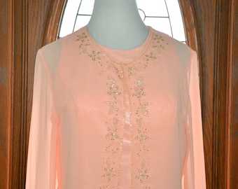 Beaded Sequin Peach Sherbet ESII by Design Formal Gown Jacket, Vintage Peach Beaded Mother of the Bride Gown, Mother of Bride Evening Gown