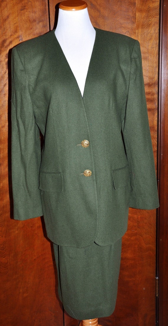 Oleg Cassini Dark Green Wool Skirt & Jacket Suit, 