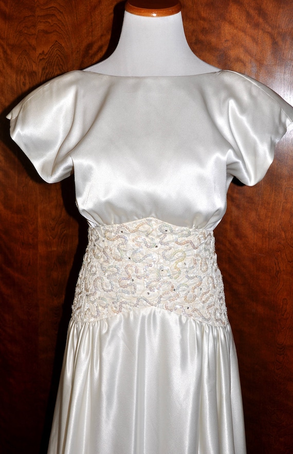 Vintage Ivory Satin, Drop Waist Sequin, and Rhines