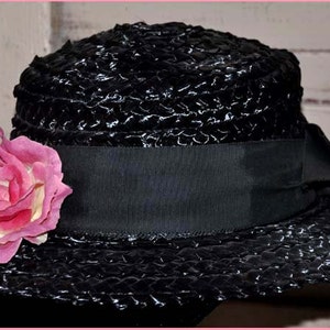 Black Straw Hat, Black Wide Brim Hat, Ladies Black Hat, Ladies Straw Hat, Black Raffia Hat, Straw Wide Brim Hat, Black Boaters Hat image 3