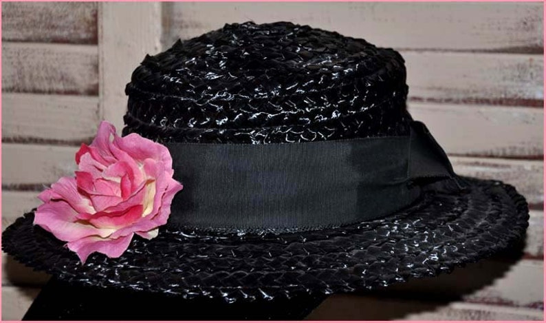 Black Straw Hat, Black Wide Brim Hat, Ladies Black Hat, Ladies Straw Hat, Black Raffia Hat, Straw Wide Brim Hat, Black Boaters Hat image 3