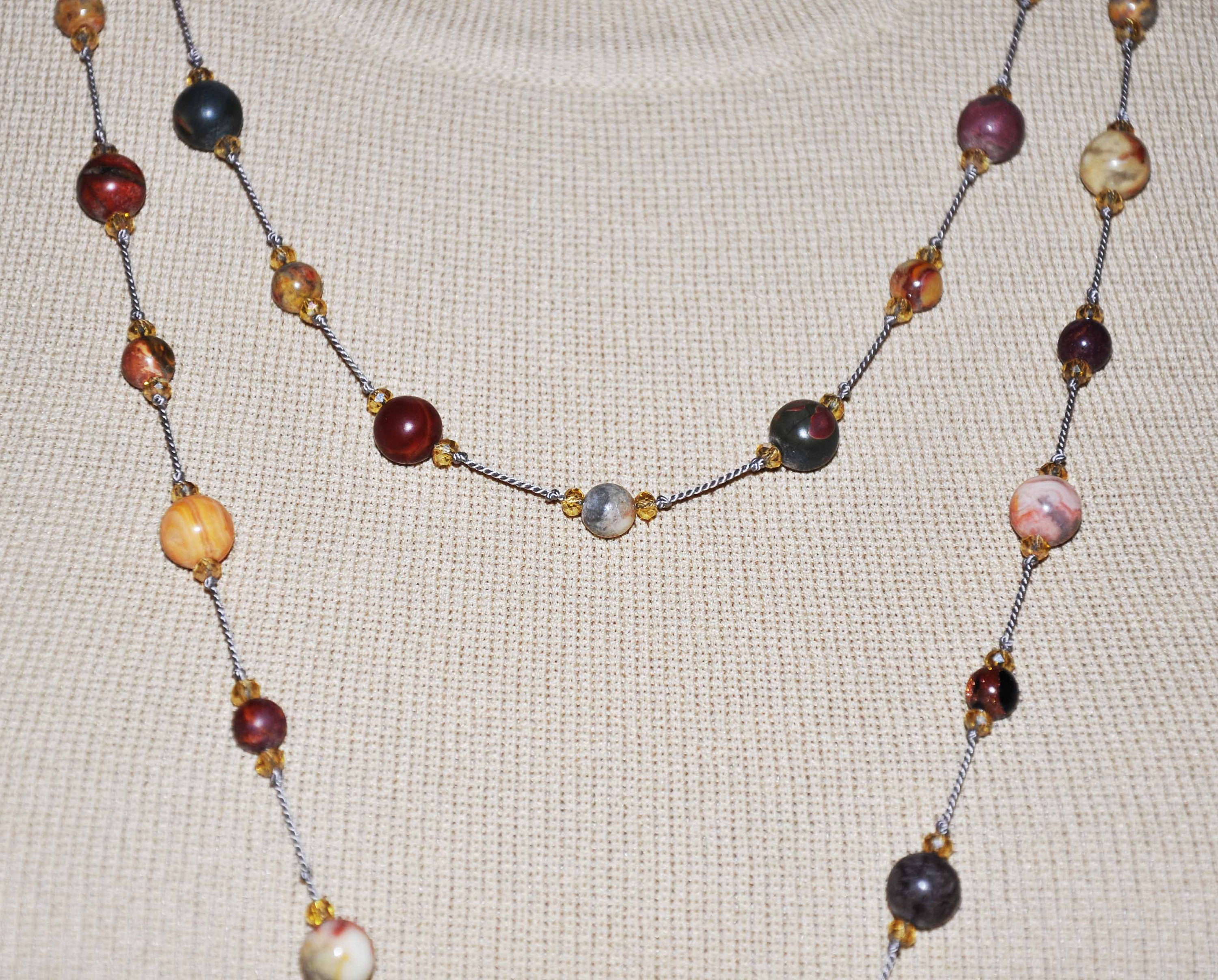 Knotted Bead Necklace, Birdseye Rhyolite Beads, Earthtone Knotted