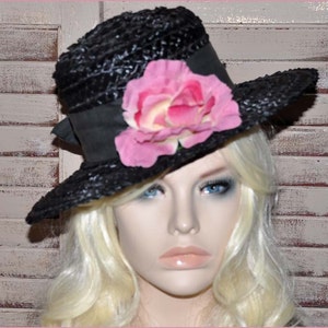 Black Straw Hat, Black Wide Brim Hat, Ladies Black Hat, Ladies Straw Hat, Black Raffia Hat, Straw Wide Brim Hat, Black Boaters Hat image 5