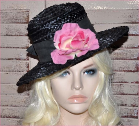 Black Straw Hat, Black Wide Brim Hat, Ladies Blac… - image 5