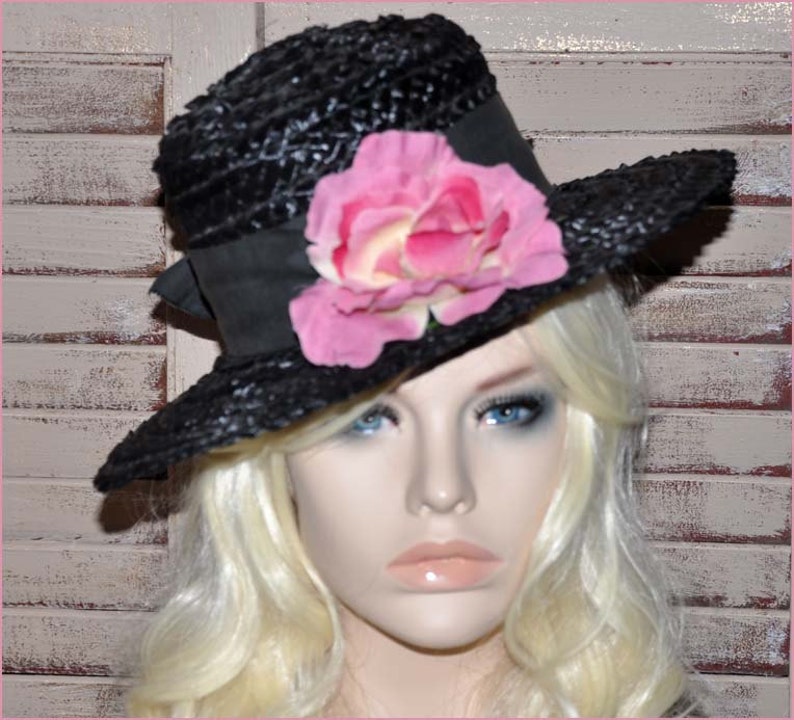 Black Straw Hat, Black Wide Brim Hat, Ladies Black Hat, Ladies Straw Hat, Black Raffia Hat, Straw Wide Brim Hat, Black Boaters Hat image 5