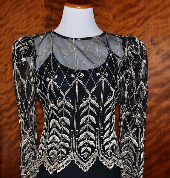 Vintage Black Chiffon Dress With Gold Embroidery, Cachet by Bari Protas, Black Vintage Dress, Black Chiffon Dress, Vintage Chiffon Dress