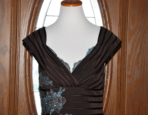 Vintage Jovani Beaded Embroidered Formal Evening Gown, Jovani Mother of the Bride Gown, Jovani Brown and Teal Beaded Embroidered Gown