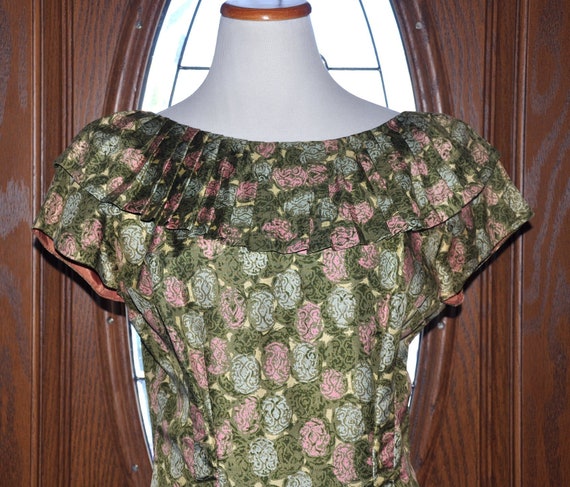 Vintage Green & Peach Floral Dress, Pleated Vintag