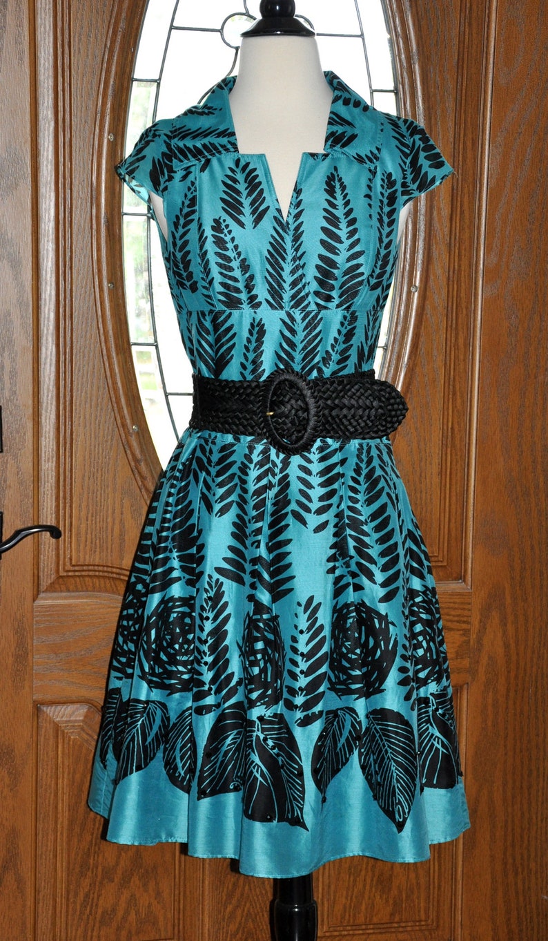 Vintage Kay Unger of New York Teal and Black Silk Dress and Belt, Teal ...