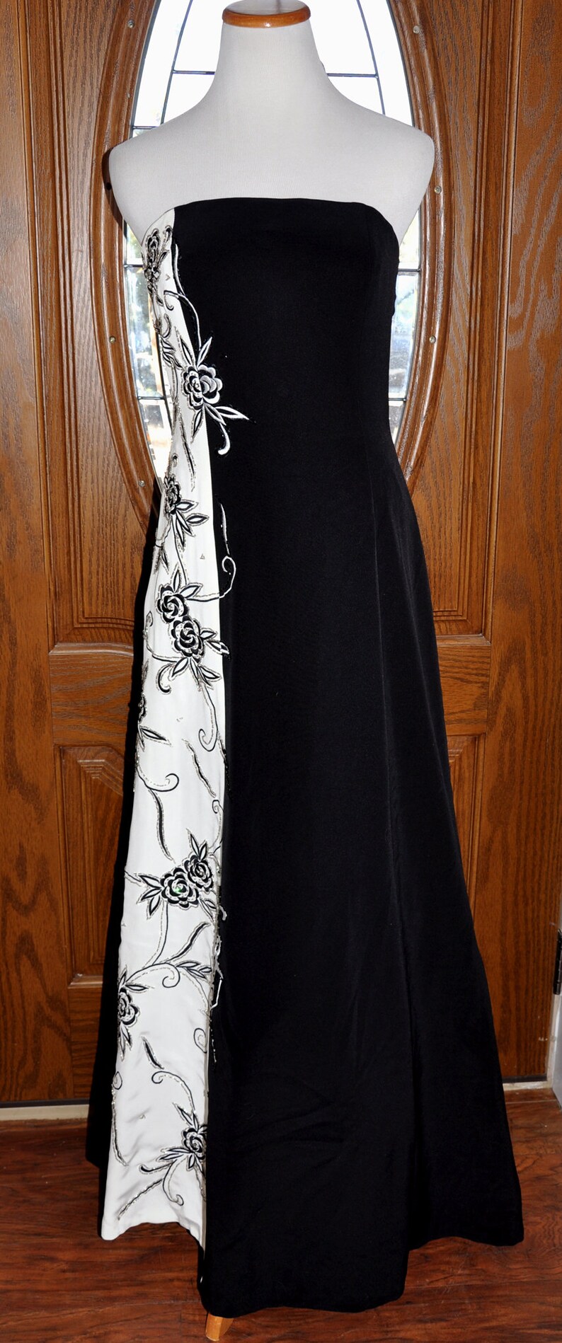 Jovani Beaded Formal Gown Jovani Black and White Evening Gown Vintage Jovani White and Black Embroidered Beaded Strapless Evening Gown