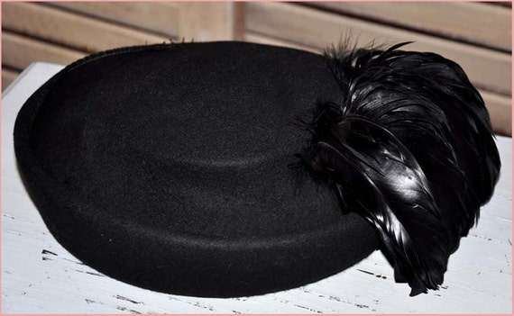 Black Wool Pillbox, Black Coq Feathers, Black Fea… - image 4