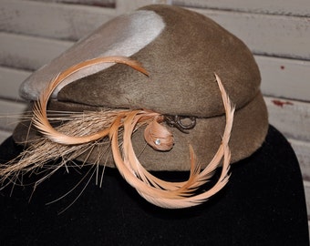 Tan Wool Hat, Ladies Wool Hat, Ladies Tan Hat, Peach Wool Hat, Wool Toque Hat, Tan Toque Hat, Pillbox Feather Hat