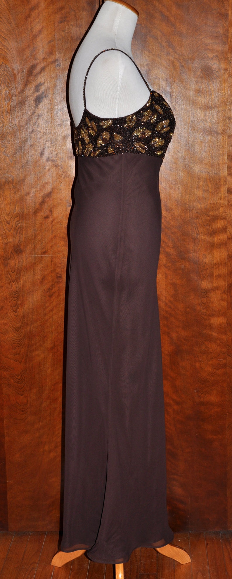 Vintage Dark Brown Empire Waist Beaded Spaghetti Strap Gown Brown Vintage Full Length Gown Mother of Bride Brown Beaded Empire Waist Gown