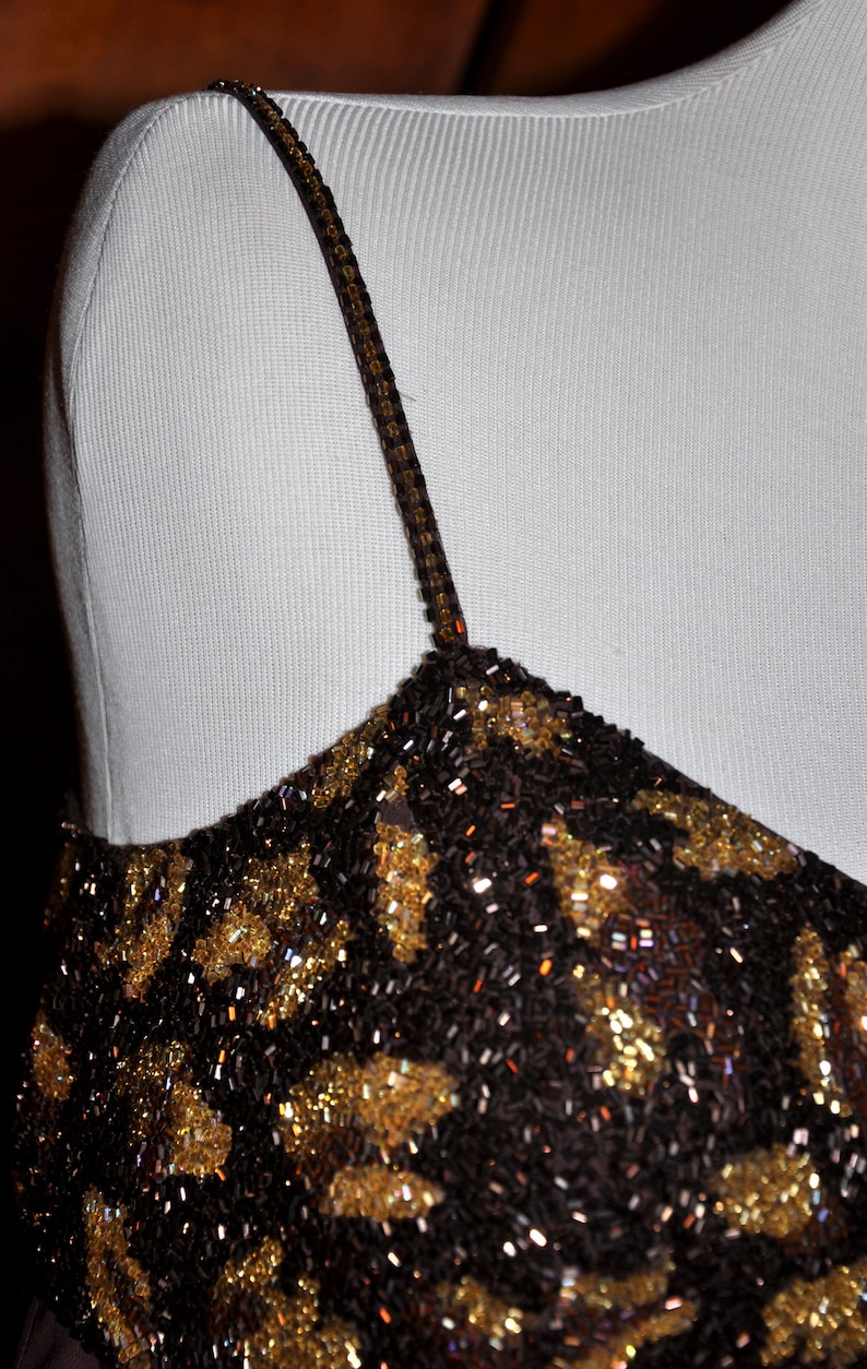 Vintage Dark Brown Empire Waist Beaded Spaghetti Strap Gown Brown Vintage Full Length Gown Mother of Bride Brown Beaded Empire Waist Gown