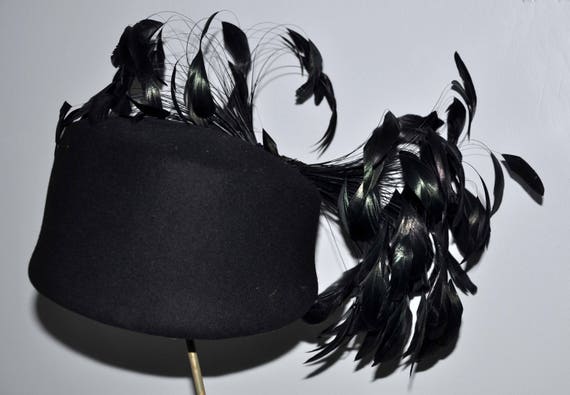 Vintage Black Wool Feather Hat, Vintage Feather H… - image 2