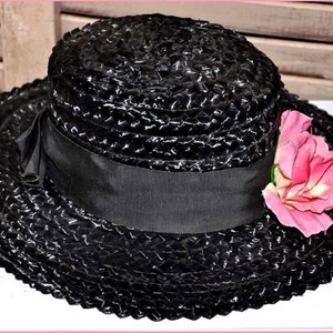 Black Straw Hat, Black Wide Brim Hat, Ladies Black Hat, Ladies Straw Hat, Black Raffia Hat, Straw Wide Brim Hat, Black Boaters Hat image 2