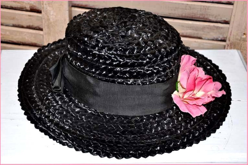 Black Straw Hat, Black Wide Brim Hat, Ladies Black Hat, Ladies Straw Hat, Black Raffia Hat, Straw Wide Brim Hat, Black Boaters Hat image 2