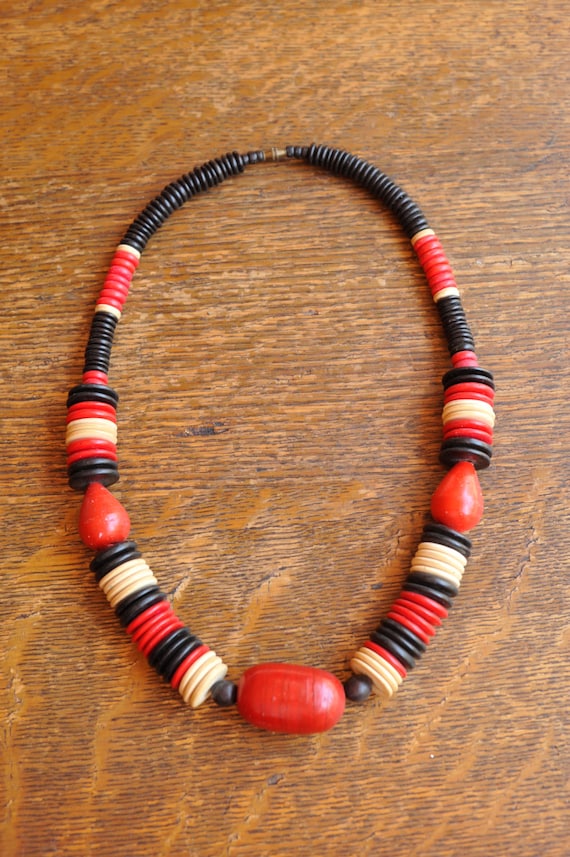 Vintage Necklace | Chunky Multi-color Wood Beaded