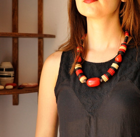 Vintage Necklace | Chunky Multi-color Wood Beaded