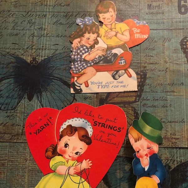2 Vintage 1940's Valentines signed, Boy and Girl Typing, Boy in Top Hat and Girl Dressed Up,  Valentine Cards, Vintage Used Valentines,