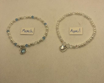 Swarovski Crystal Heart Charm Birthday Bracelet,  Swarovski Crystals and Pearl Bracelet,  Choose Month,  Ladies, Teens, Girls Gift