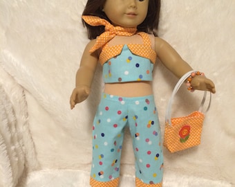 6 pieces made to fit American Girl 18" Dolls, Clothes made in USA, Multi Dots:Halter top, Capri's, Purse, Bracelet, Scarf, Duc Shoes, SRA
