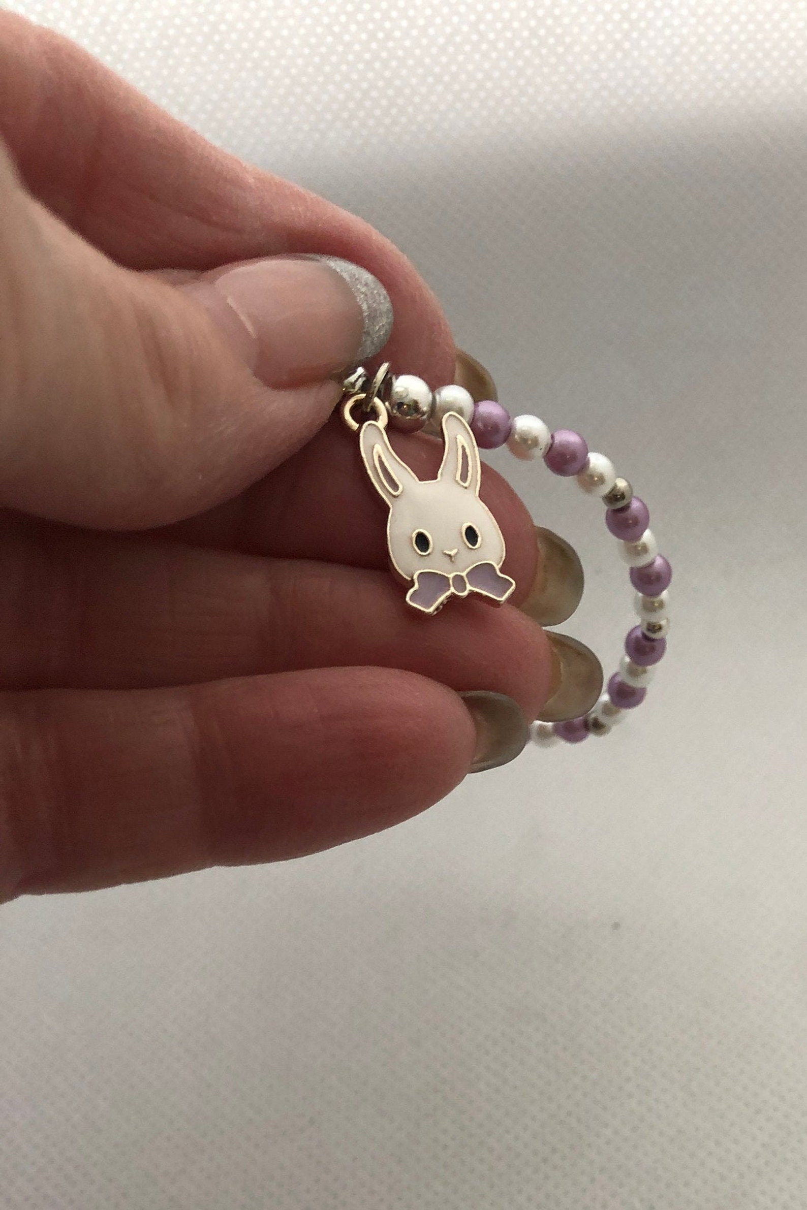 Purple Enamel Bunny Charm Bracelet, Purple and White Faux Pearl