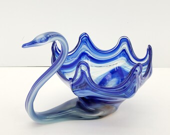 1960s Italian Swan Art Glass...Stretch Glass..Blue /& White Swirl Small Swan Art Glass