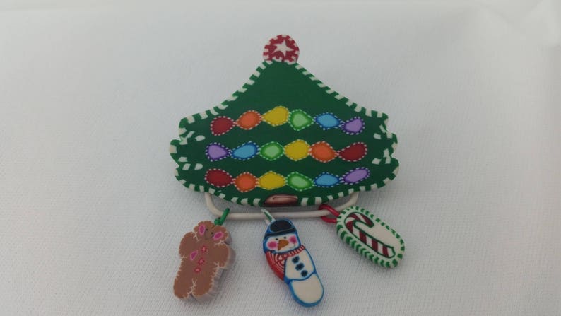 Snowman and Gingerbread 1.75 x 2.25 Vintage Christmas Tree Brooch Pin With 3 Charms Cane