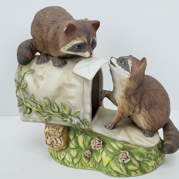 Vintage Homco Masterpiece Porcelain Hand Painted  Playing Raccoons 1987