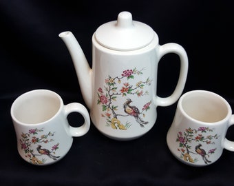 Teapot And Cups (2) For Two - Floral And Bird Design (Teapot 24 oz.) Signed