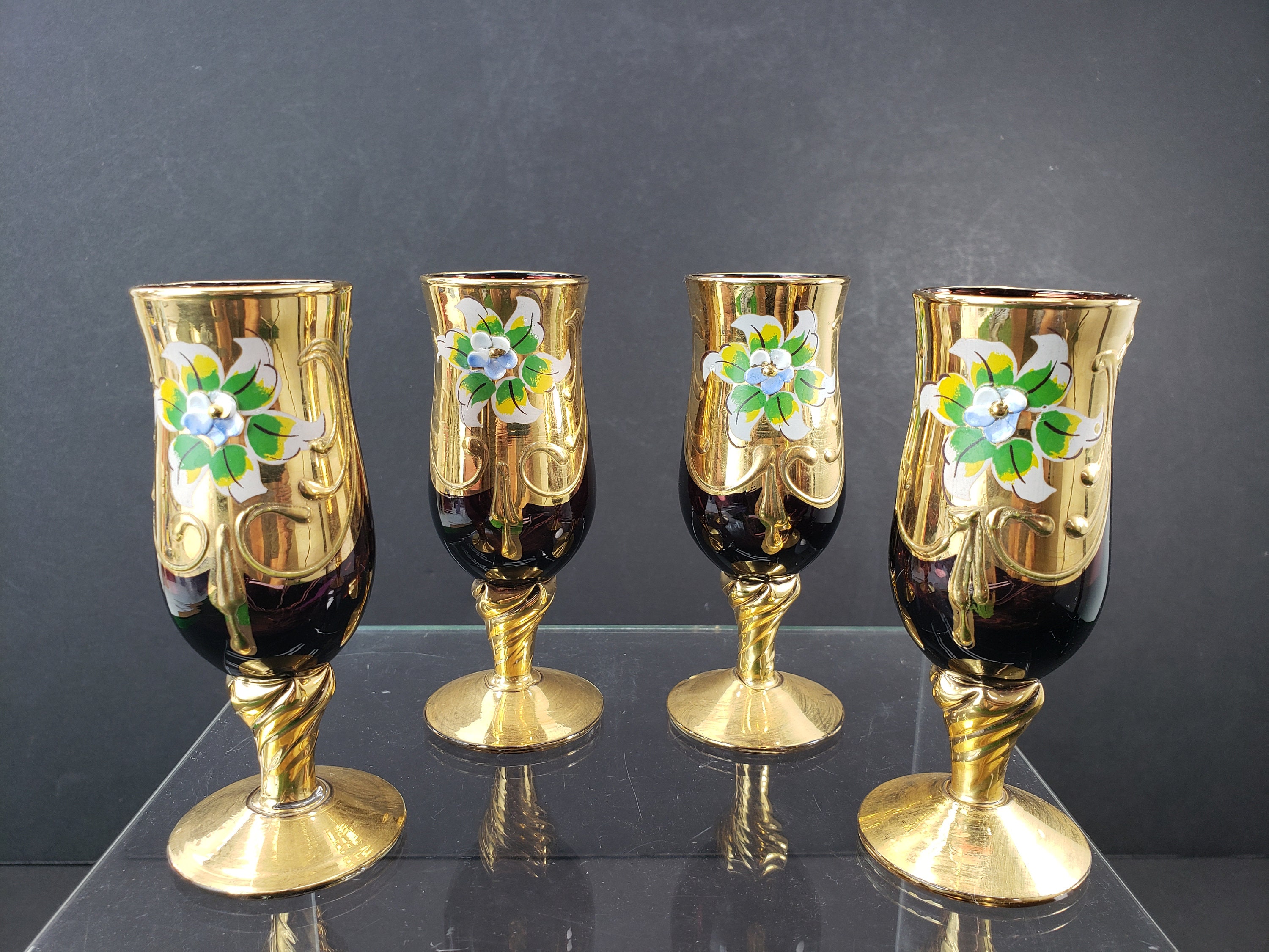 Murano Hand Painted 24K Gold Gilt Floral Cordial Glasses Set Etsy
