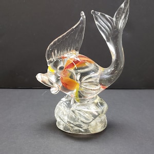 Art Glass Clear and Coral Colored Fish Paperweight