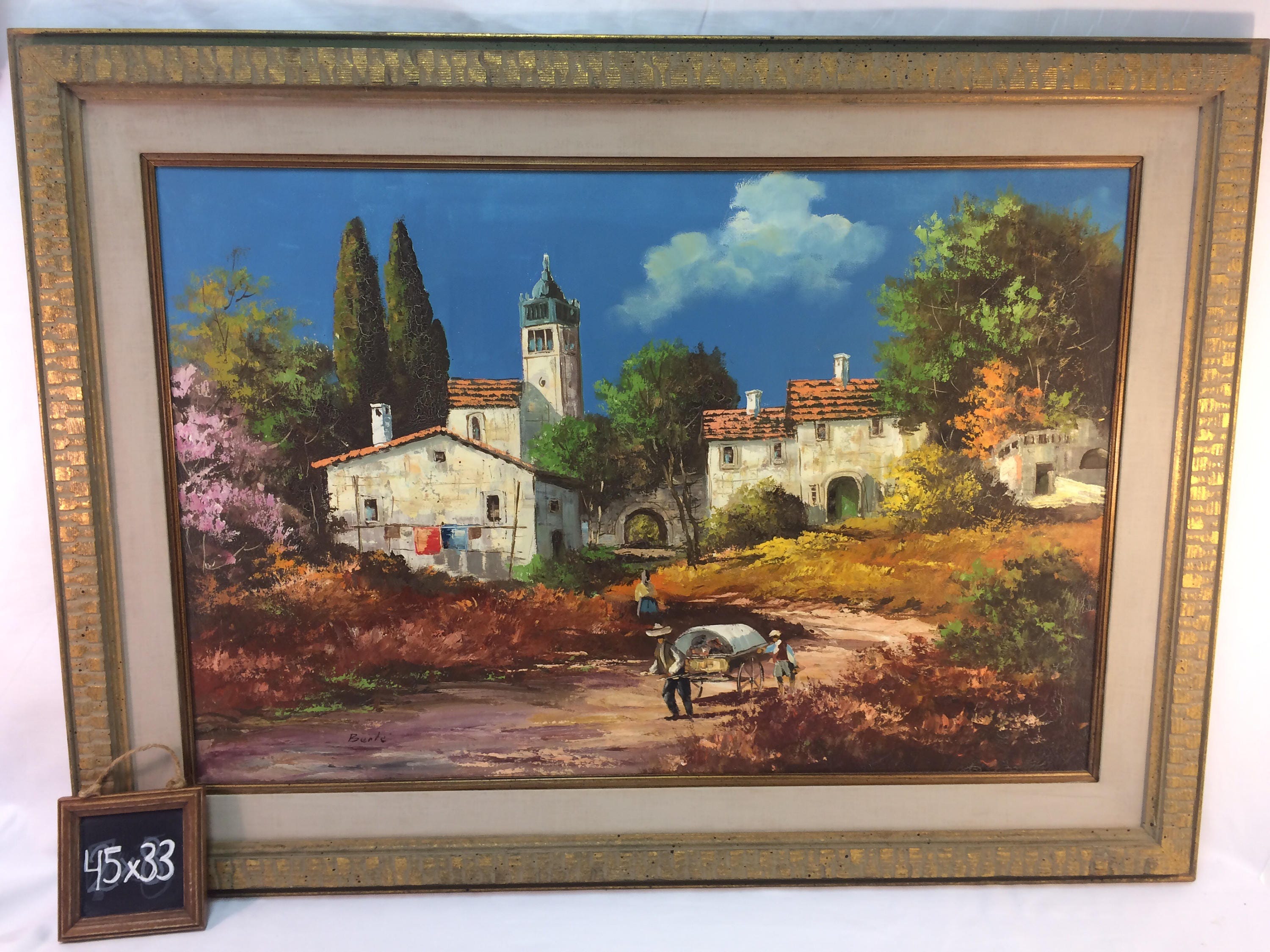 Henri Berte' Signed Oil Painting Mediterranean Village 45x33 Framed (Free Shipping)