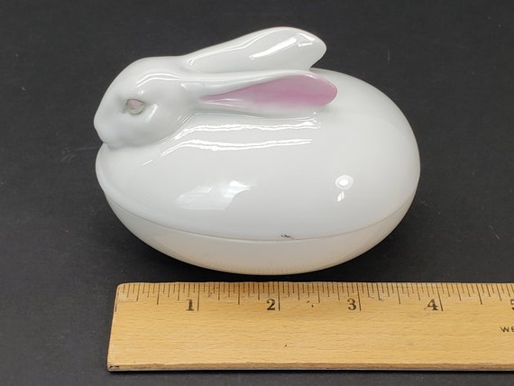 Ceramic Bunny Trinket Dish with Lid Hand Painted … - image 9