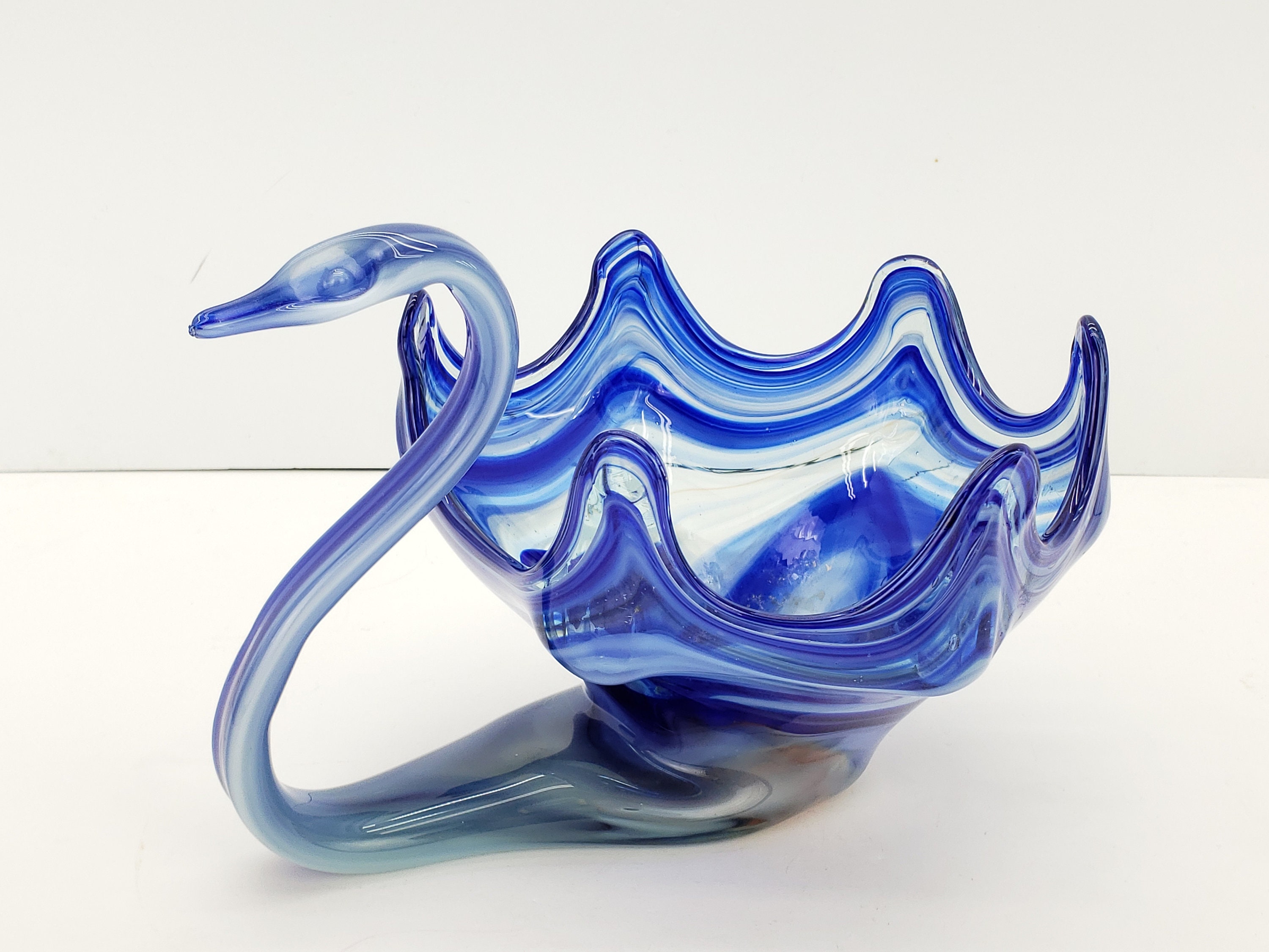 Vtg Blown Glass Cobalt Blue Swirl Swan Bowl Centerpiece Etsy