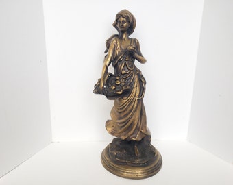 Arteriors Collection Bronze Peasant Girl With Fruit Basket Statue Unsigned  - Vintage