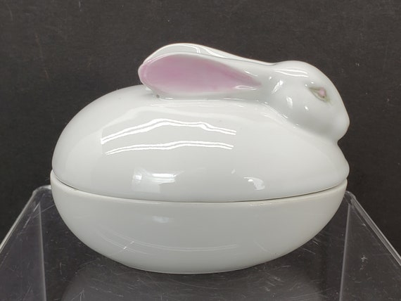 Ceramic Bunny Trinket Dish with Lid Hand Painted … - image 4