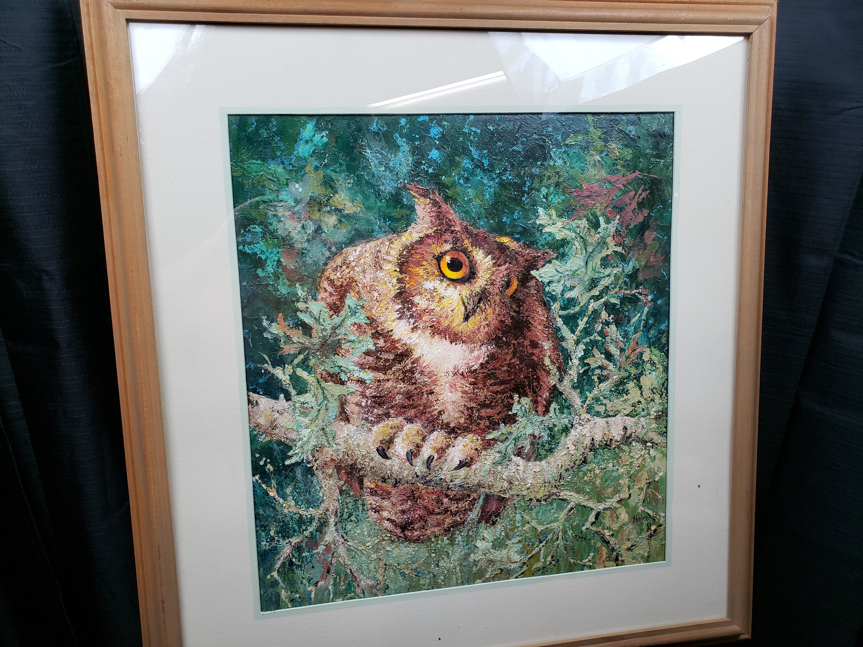 Large Owl Oil Painting Helen Badosley Badgley Framed 29.5" x 31.25" Free Ship