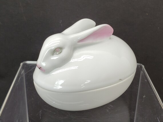 Ceramic Bunny Trinket Dish with Lid Hand Painted … - image 1