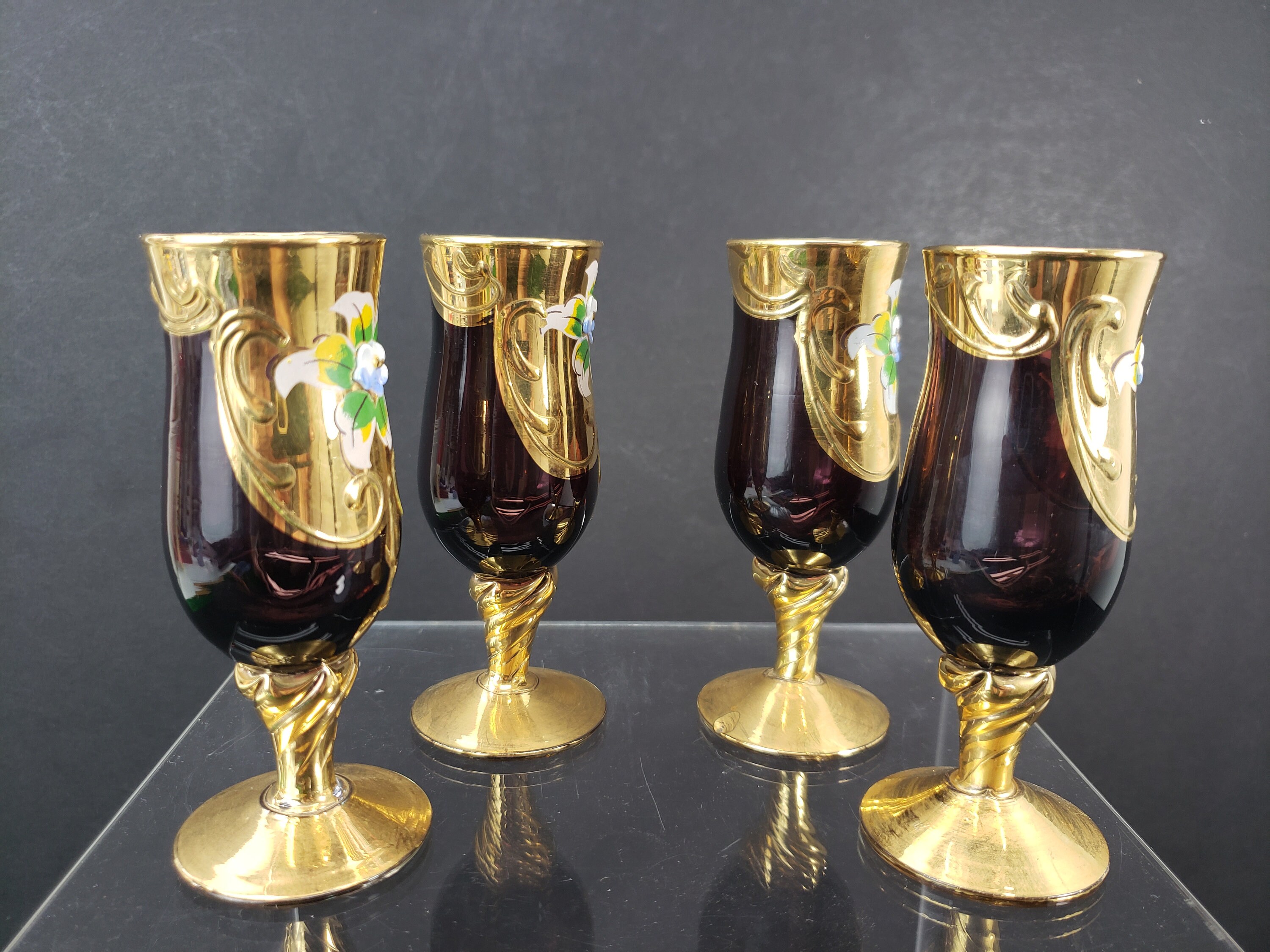Murano Hand Painted 24K Gold Gilt Floral Cordial Glasses Set Etsy