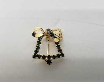 Goldtone Red and Green Jeweled Christmas Bell Brooch Pin With Bow