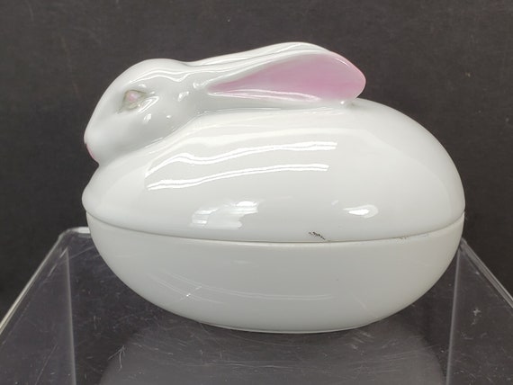 Ceramic Bunny Trinket Dish with Lid Hand Painted … - image 2