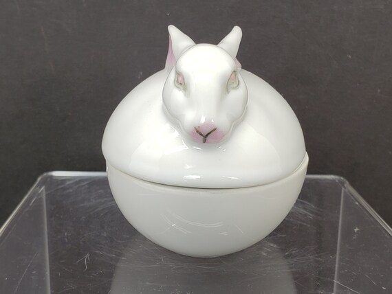 Ceramic Bunny Trinket Dish with Lid Hand Painted … - image 5